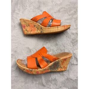 Born Orange Leather Wedge Sandals Floral Cork Platform Slides Womens 9